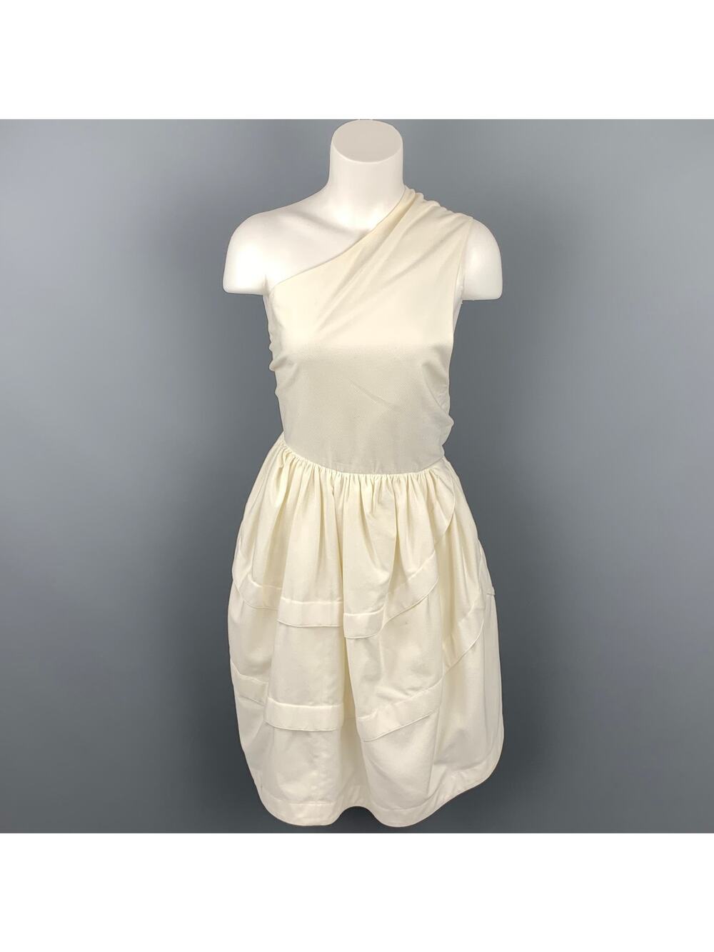 ALAIA Size S Cream Cotton Asymmetrical Fit & Flare One Shoulder Dress
